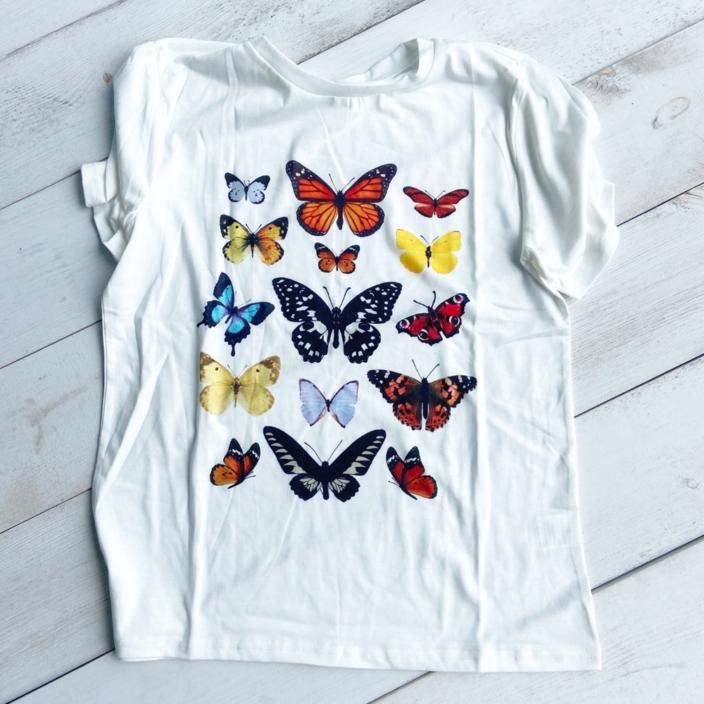 NEW White Butterfly Graphics T Shirt